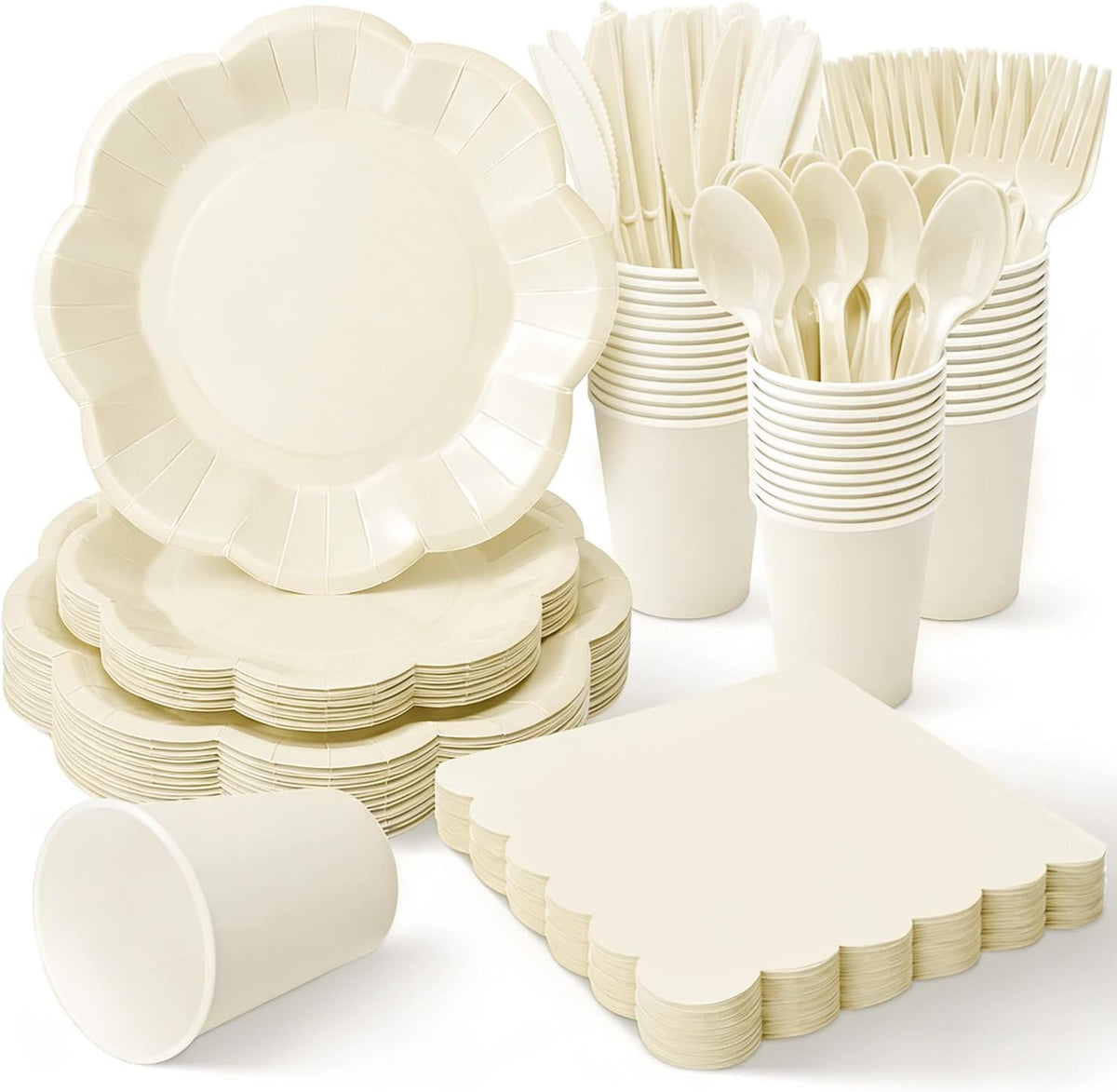 Vyntra Ivory Paper Plates, Cups & Napkins, 350 Pcs Scalloped Party Set