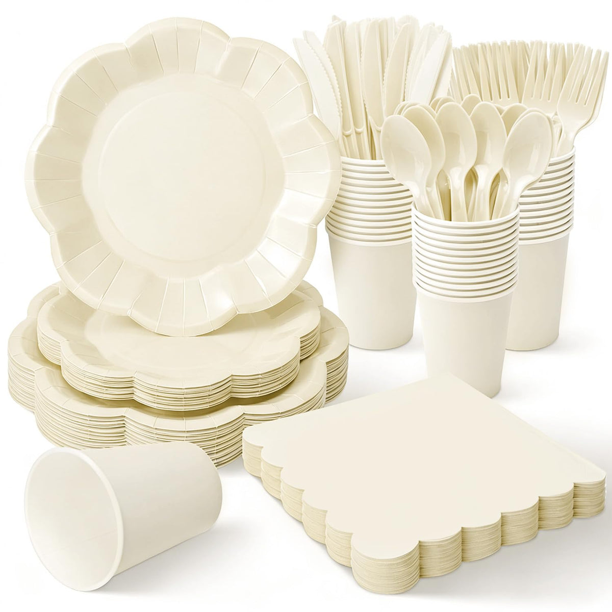 Vyntra Ivory Paper Plates, Cups & Napkins, 350 Pcs Scalloped Party Set