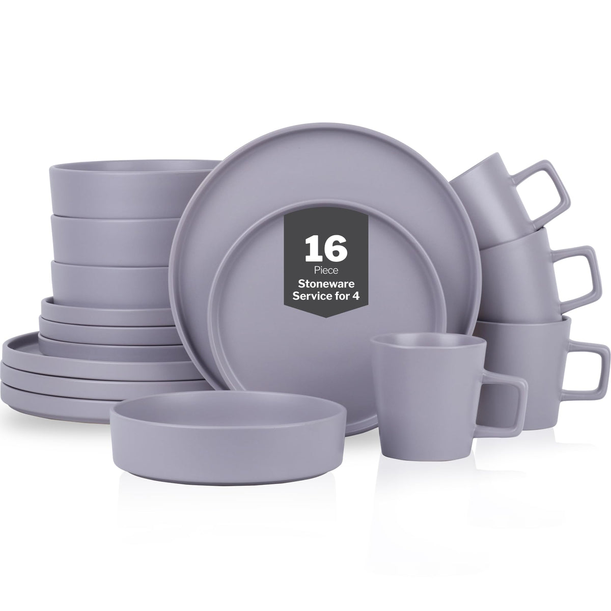Stone Lain Celina Stoneware 16 Piece Dinnerware Set, Plates and Bowls, Black Matte Dish, Service for 4 – Minimalist Round Style, Microwave & Dishwasher Safe