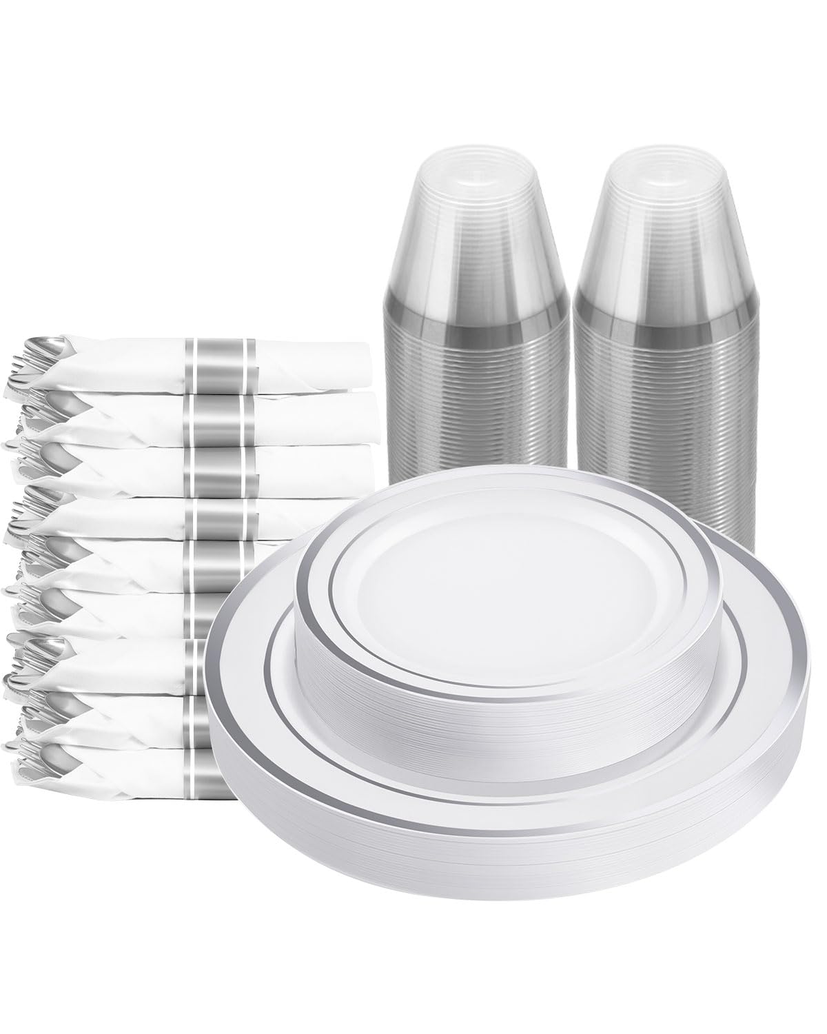 realluck 350 PCS White and Silver Plastic Dinnerware Set for 50 Guests, 100 Disposable Plates for Party, 50 Pre Rolled Napkins with Silver Silverware, 50 Cups