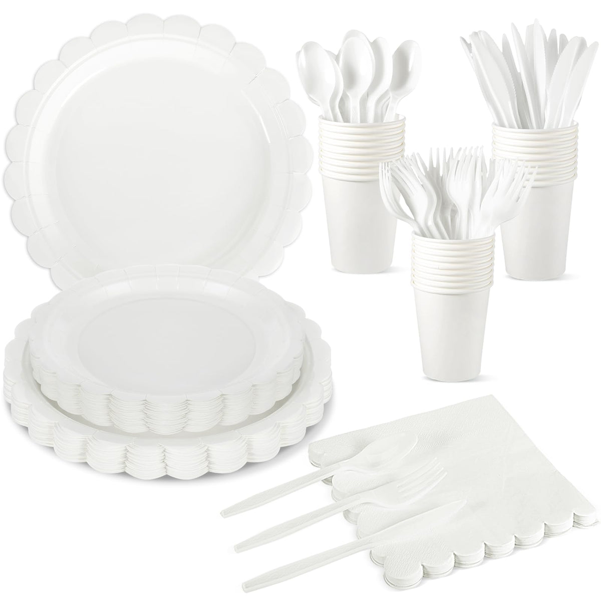 25 Set Party Plates and Cups and Napkins Ivory Scalloped Dinnerware