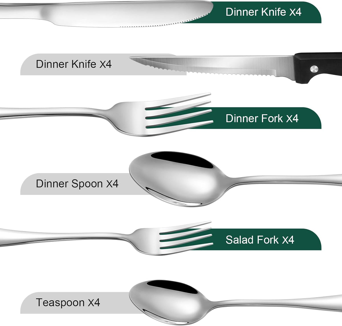 24-Piece Silver Silverware Set with Steak Knives Stainless Steel Flatware Set for 4 Food Grade Tableware Cutlery Set Rust-proof, Mirror Polished, Dishwasher Safe