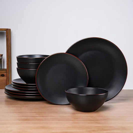 Famiware Venus Plates and Bowls Sets, 12pcs Stoneware Dinnerware Set for 4