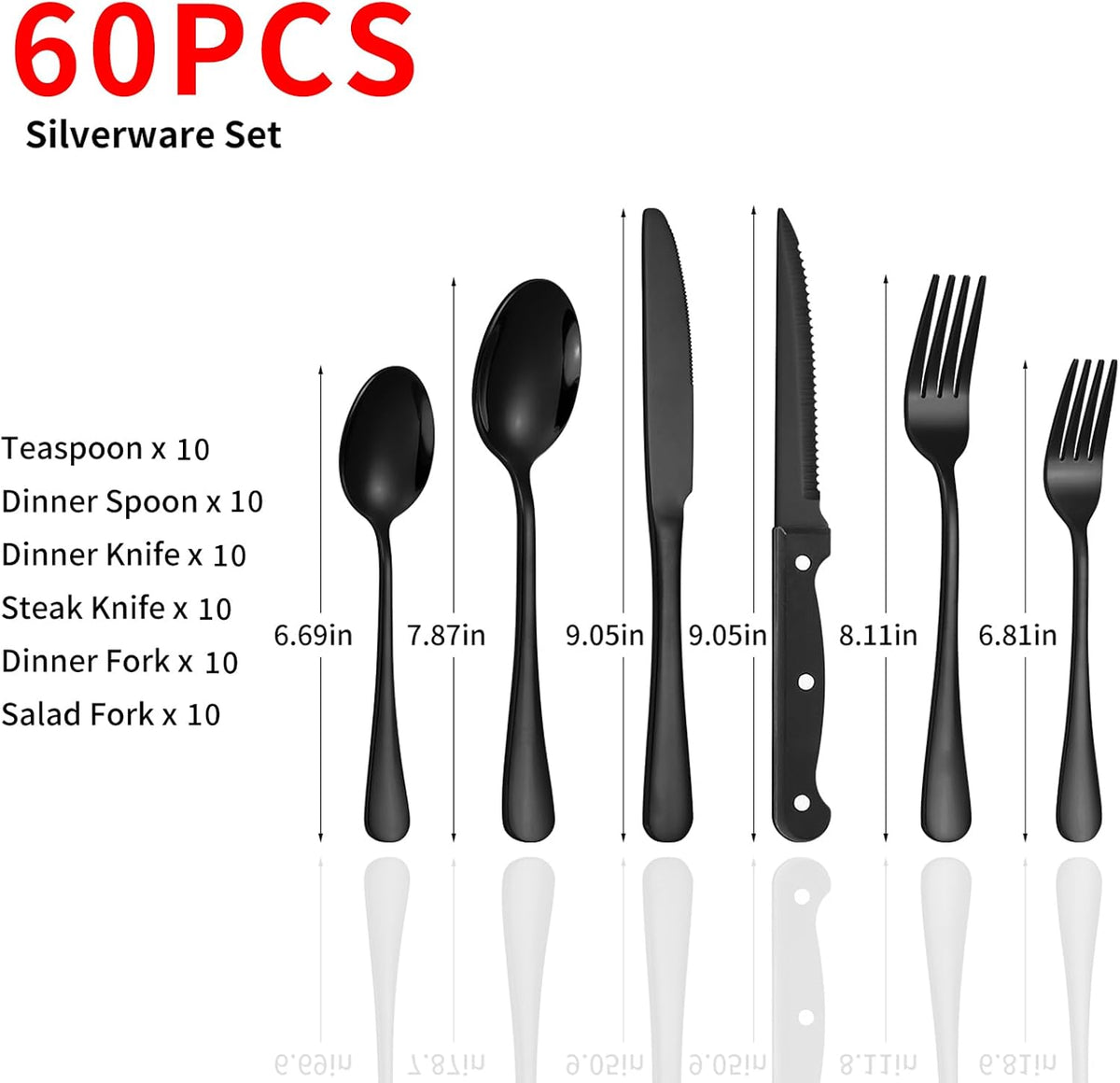 Lazycorner 60-Piece Black Silverware Set with Steak Knives Black Stainless Steel Flatware Set for 10 Food Grade Tableware Cutlery Set Rust-proof, Mirror Polished, Dishwasher Safe