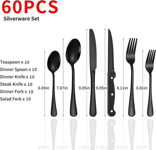 Lazycorner 60-Piece Black Silverware Set with Steak Knives Black Stainless Steel Flatware Set for 10 Food Grade Tableware Cutlery Set Rust-proof, Mirror Polished, Dishwasher Safe