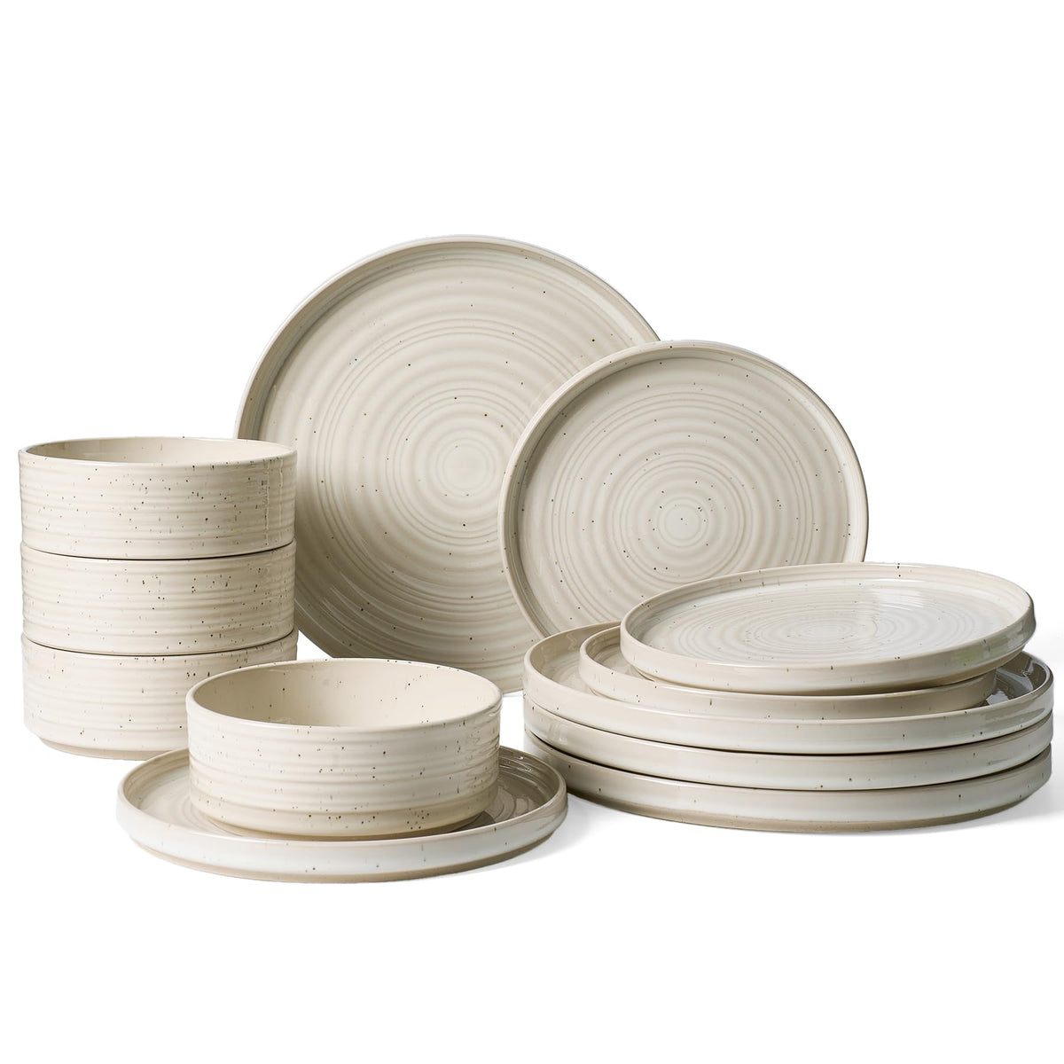 Stoneware Dinnerware Sets for 4, Reactive Glaze Plates & Bowls, Shell Beige