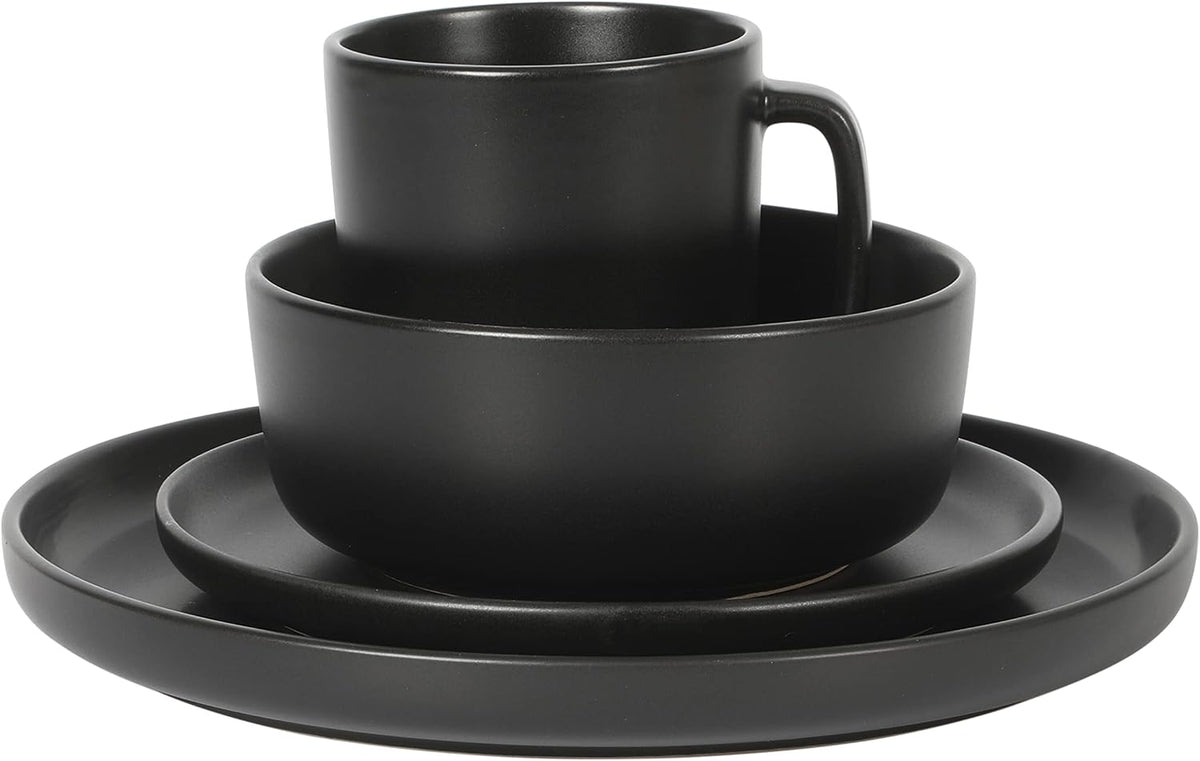 Gibson Home Zuma Stoneware Plates, Bowls, & Mugs Dinnerware Set - Matte Black, Service for Four (16pcs)