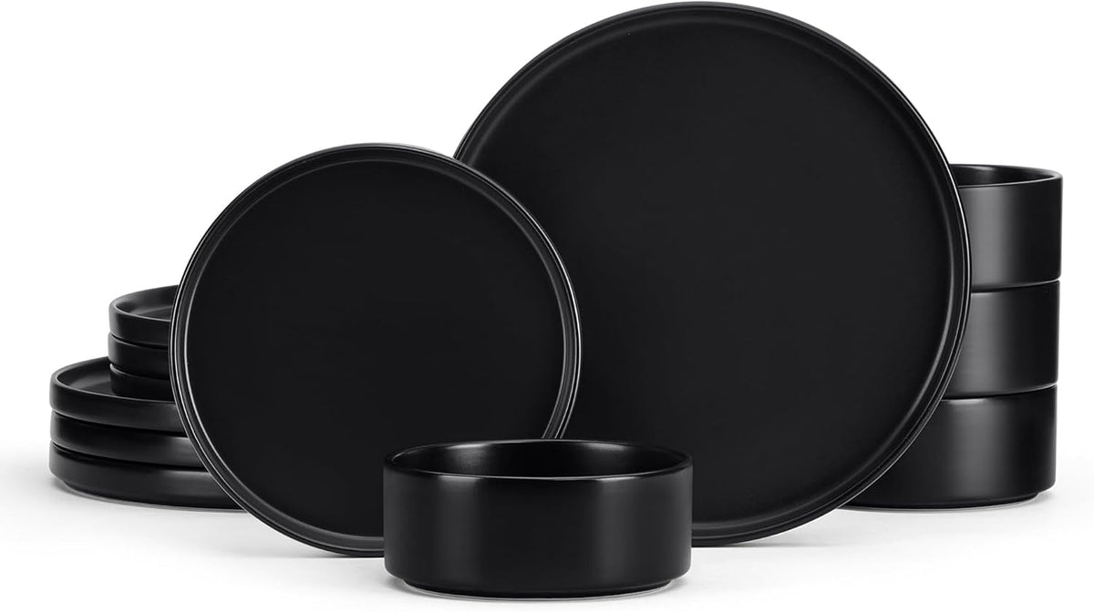 E-far Stoneware Dinnerware Sets, 12-Piece Black Plates and Bowls Set for 4