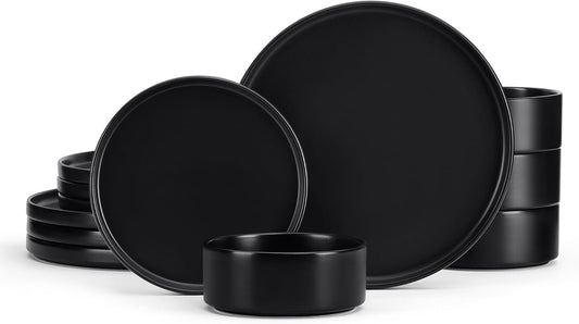 E-far Stoneware Dinnerware Sets, 12-Piece Black Plates and Bowls Set for 4