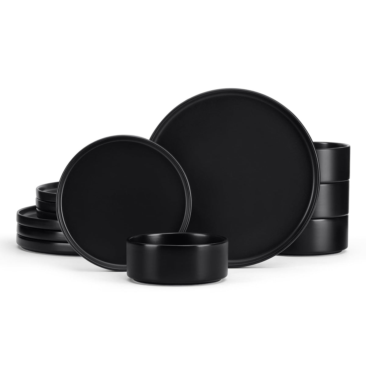 E-far Stoneware Dinnerware Sets, 12-Piece Black Plates and Bowls Set for 4