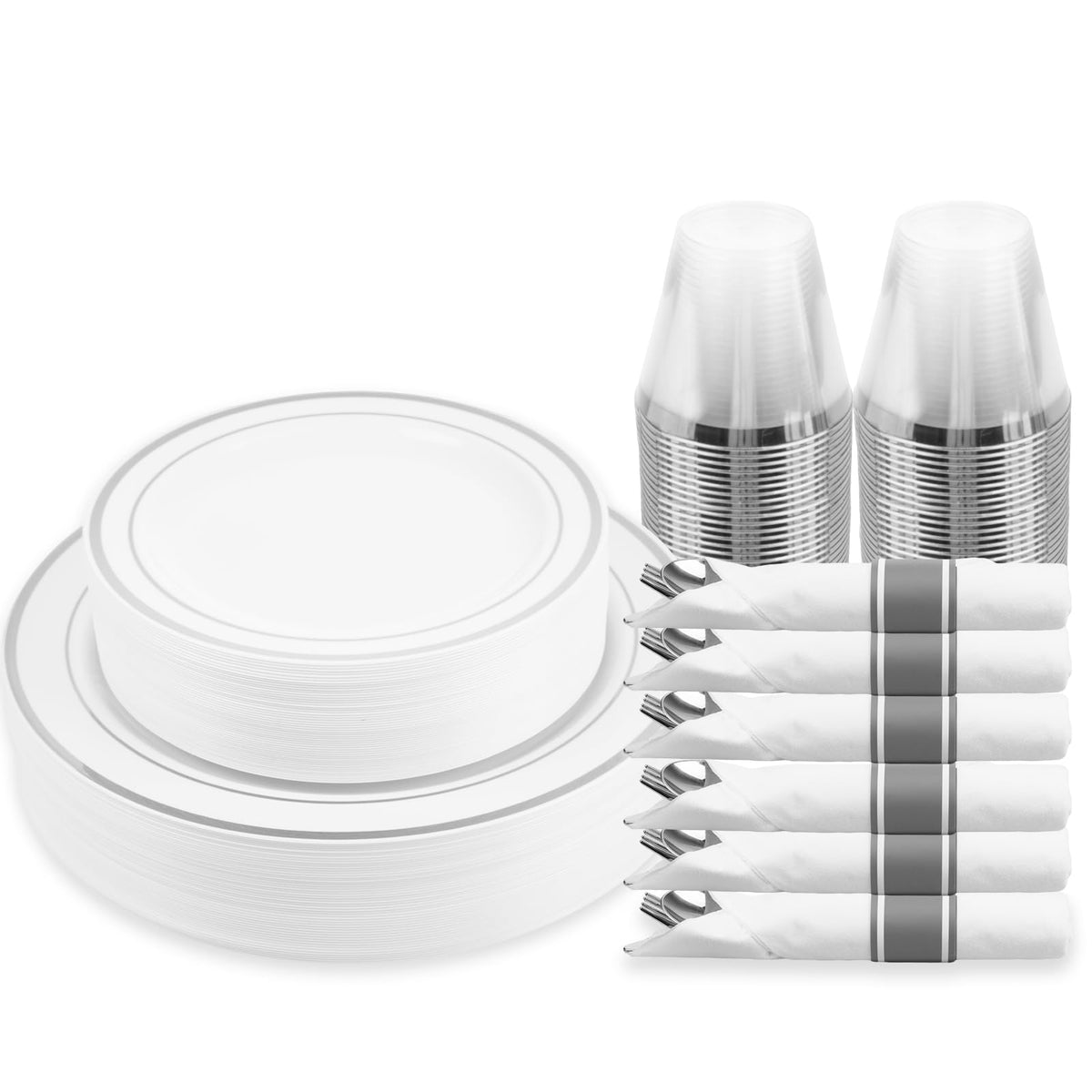M MCIRCO 175 Piece Gold Dinnerware Set - 50 Plastic Plates, 25 Cups, 25 Pre Rolled Napkins with Plastic Silverware, Disposable Gold Dinnerware Set for 25 Guest