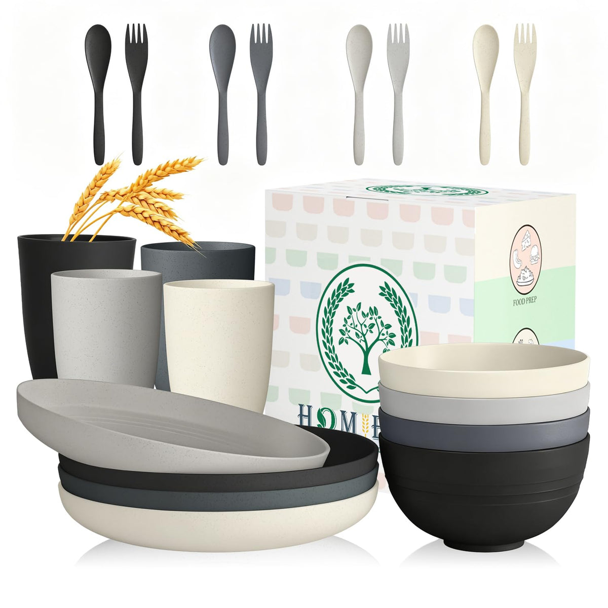 Homienly Wheat Straw Dinnerware Sets 20 PCS Plates and Bowls Sets Microwave and Dishwasher Safe Dish Set Unbreakable Camping Dish Set Cups and Plates Sets for Kitchen, Picnic, RV (Multilight)
