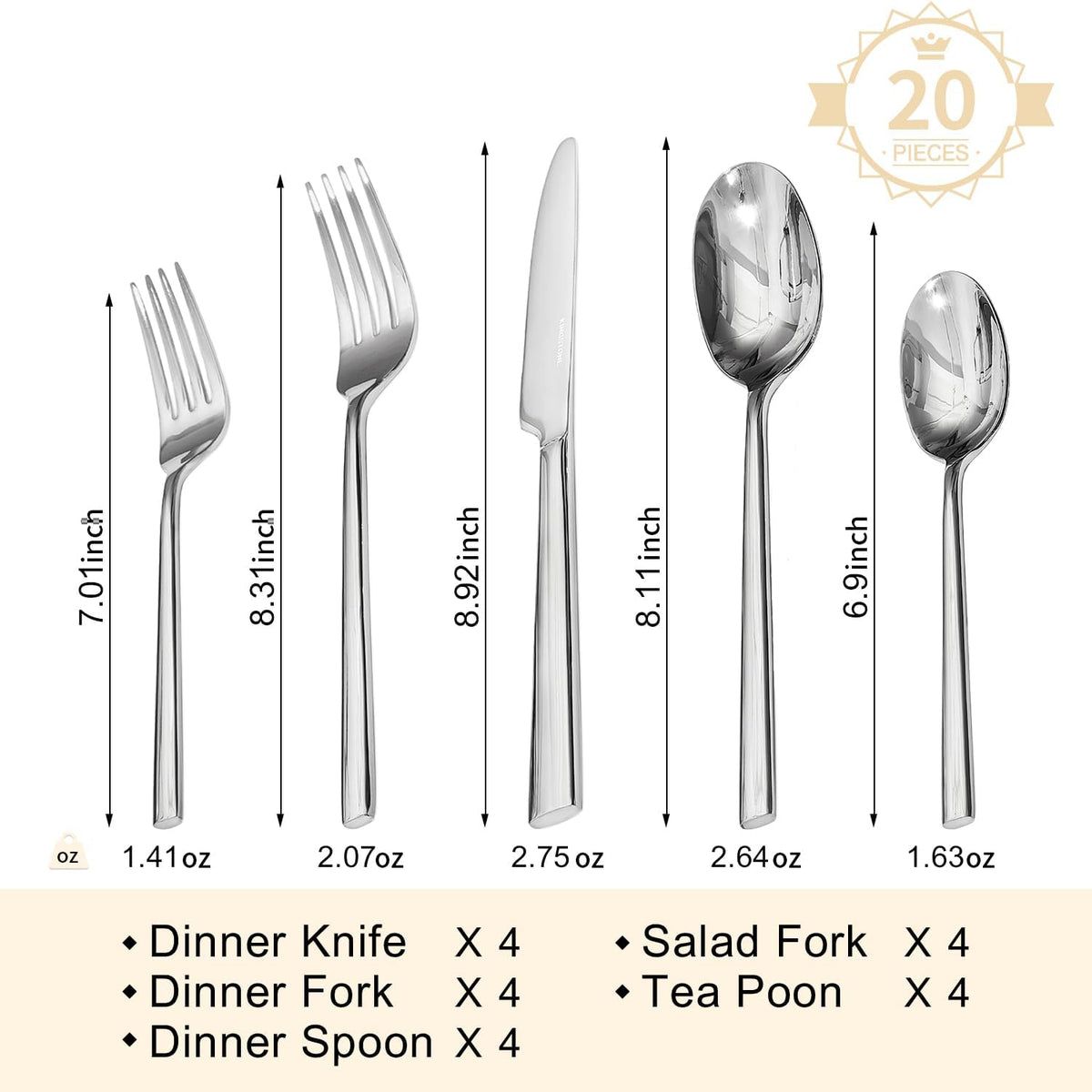 Silverware Set for 4, 20-Piece 18/0 Stainless Steel Flatware Cutlery Set