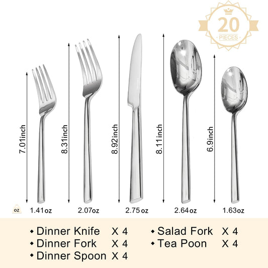Silverware Set for 4, 20-Piece 18/0 Stainless Steel Flatware Cutlery Set