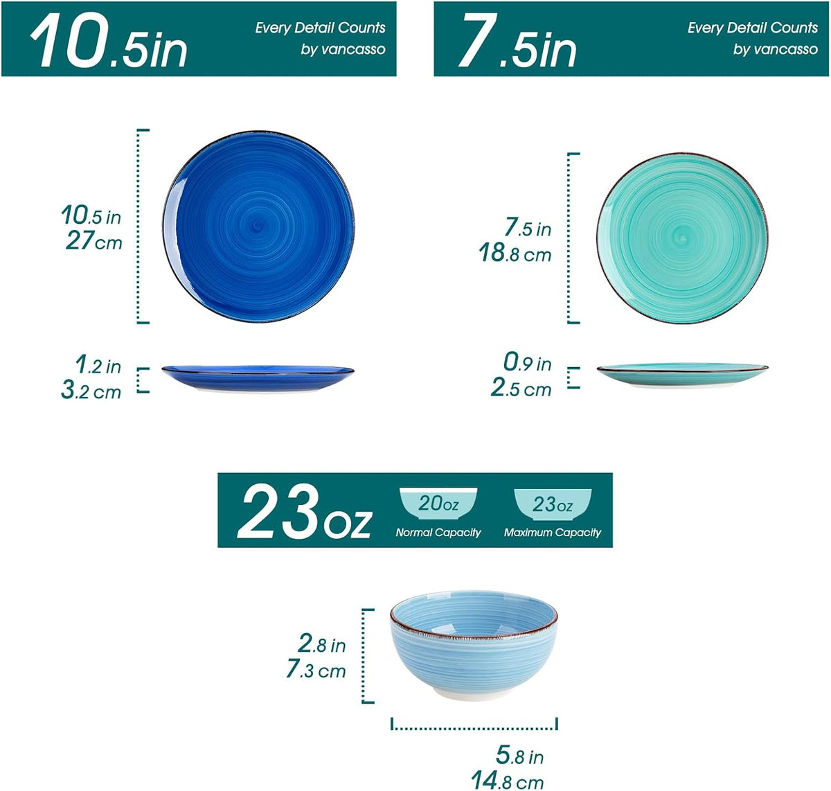 vancasso Bonita Dinnerware Sets 12 Pieces for 4, Ceramic Dishes Set Blue