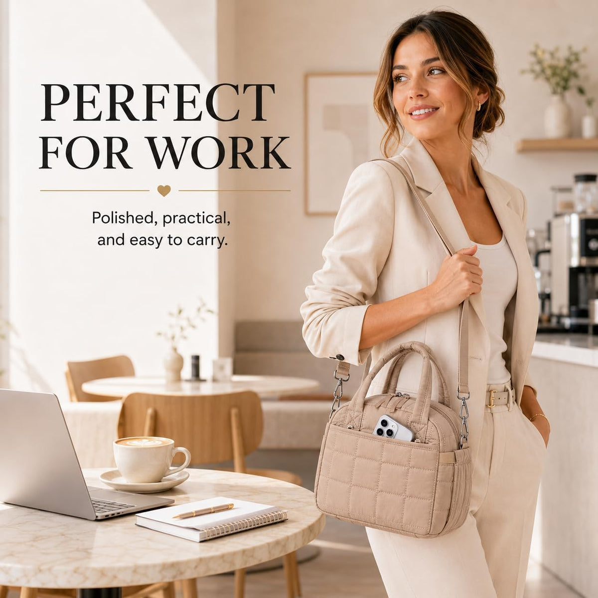 LEDAOU Lunch Box for Women, Quilted Insulated Lunch Bag, Puffy Lunch Tote with Adjustable Shoulder Strap for Work School Travel (Brown, Regular 9L)