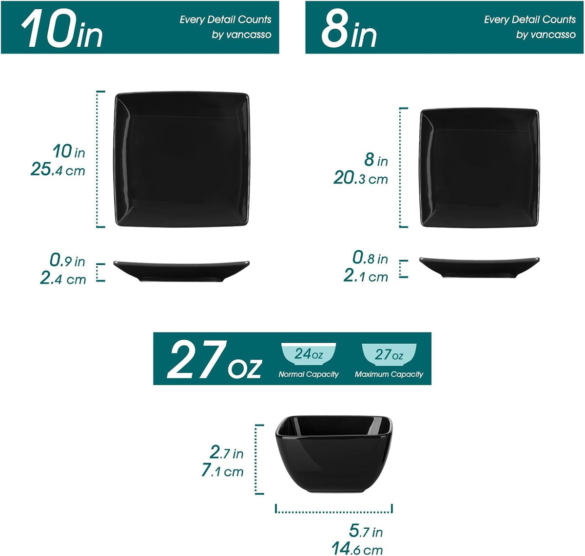vancasso Soho Dinnerware Sets 12 Pieces, Black Stoneware Square Place Setting, Plates and Bowls Sets, Dinner Plate, Dishes Set for 4