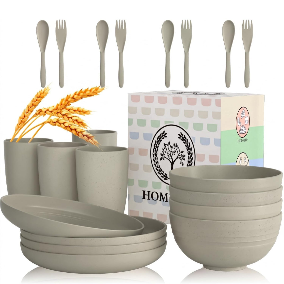 Homienly Wheat Straw Dinnerware Sets 20 PCS Plates and Bowls Sets Microwave and Dishwasher Safe Dish Set Unbreakable Camping Dish Set Cups and Plates Sets for Kitchen, Picnic, RV (Multilight)