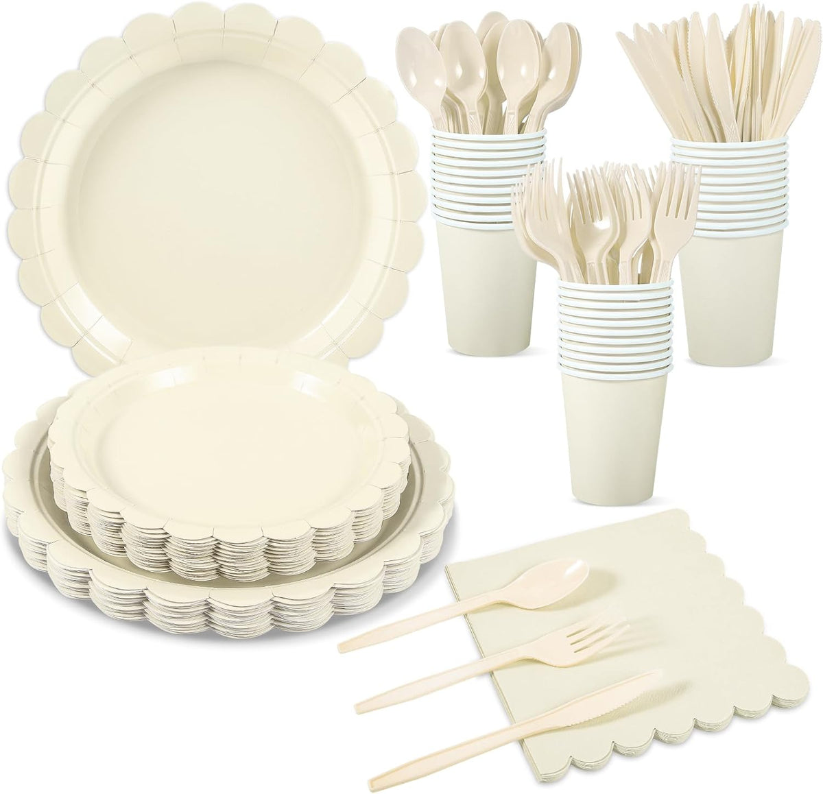 25 Set Party Plates and Cups and Napkins Ivory Scalloped Dinnerware