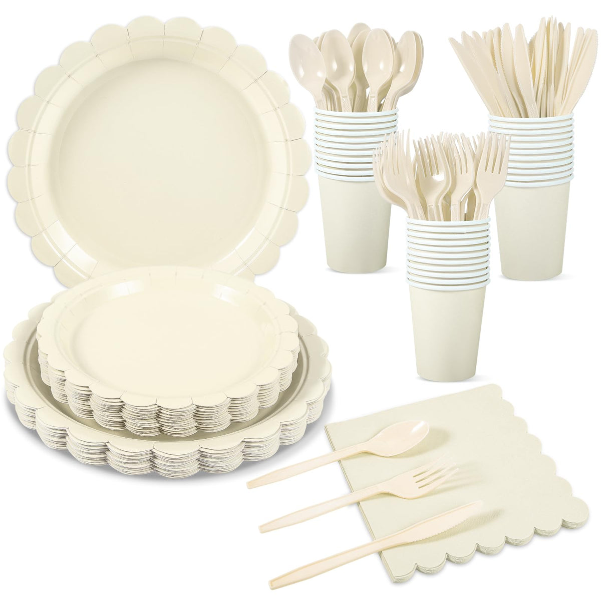 25 Set Party Plates and Cups and Napkins Ivory Scalloped Dinnerware