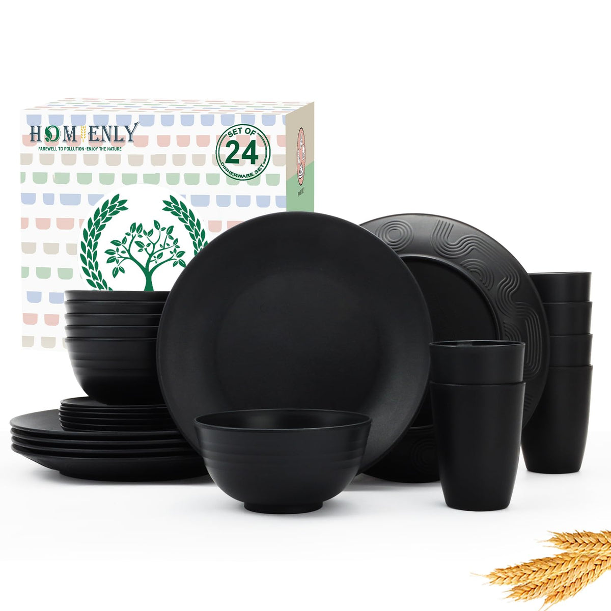 Homienly Kitchen Wheat Straw Dinnerware Set 40 PCS - Dinner Plates, Cereal Bowls, Wheat Straw Cups Set, Microwave and Dishwasher Safe Dishes Set, Unbreakable Dish Set for Party, Outdoor(Grey Stone)