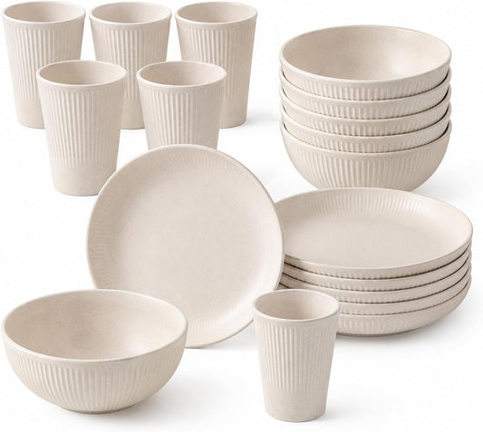 18PCS Wheat Straw Dinnerware Sets Unbreakable Reusable Dinnerware Set for 6, Microwave Dishwasher Safe Dinnerware for Outdoor Camping Dishes