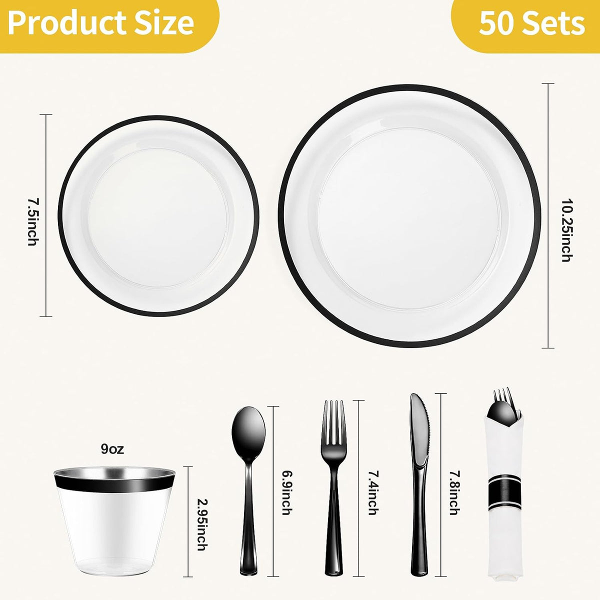 Goodluck 350 Pcs Clear Plastic Plates with Black Rim, Plastic Dinnerware