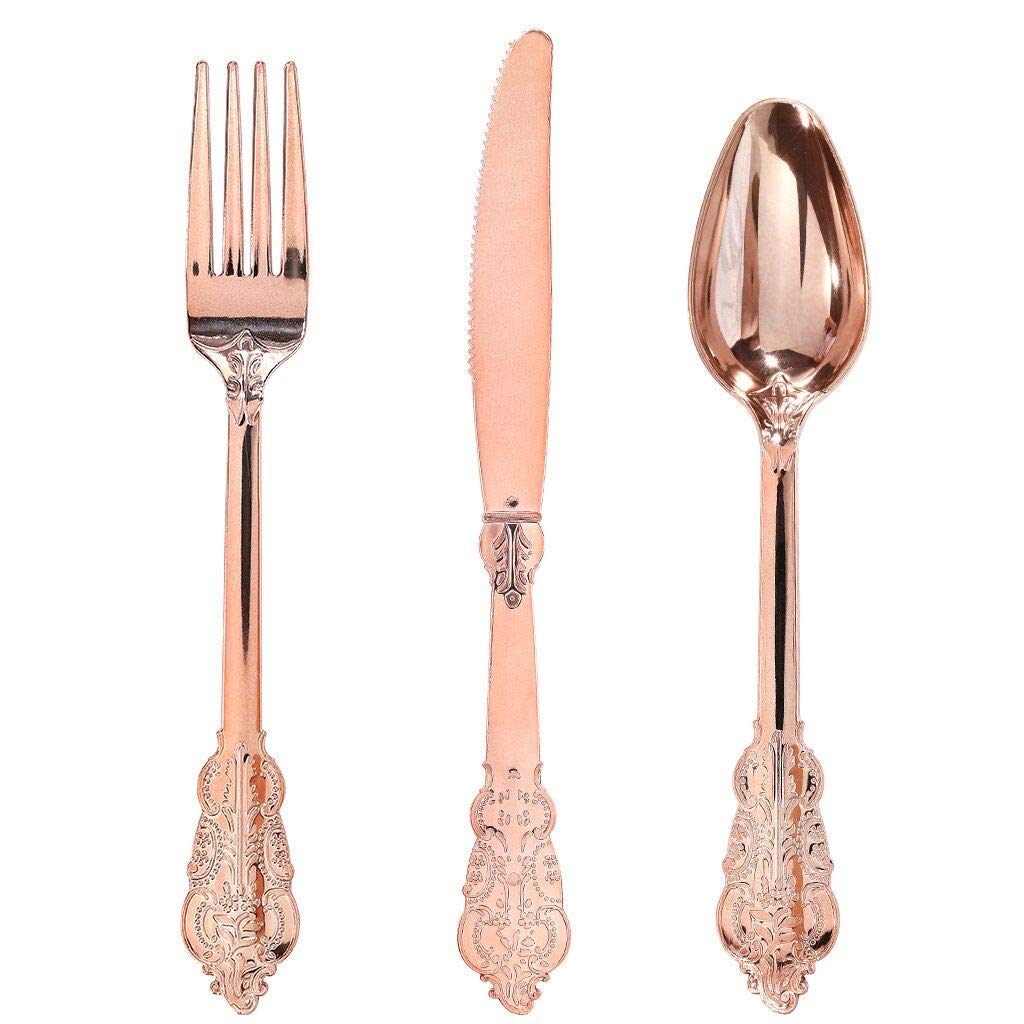 WDF300 Pieces Gold Plastic Silverware - Heavy Duty Disposable Cutlery Set Plastic Gold Silverware Set Includes 100 Forks, 100 Spoons, 100 Knives for Party/Baby Shower/Wedding/Birthday/Thanksgiving