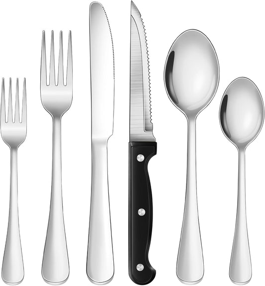 24-Piece Silver Silverware Set with Steak Knives Stainless Steel Flatware Set for 4 Food Grade Tableware Cutlery Set Rust-proof, Mirror Polished, Dishwasher Safe