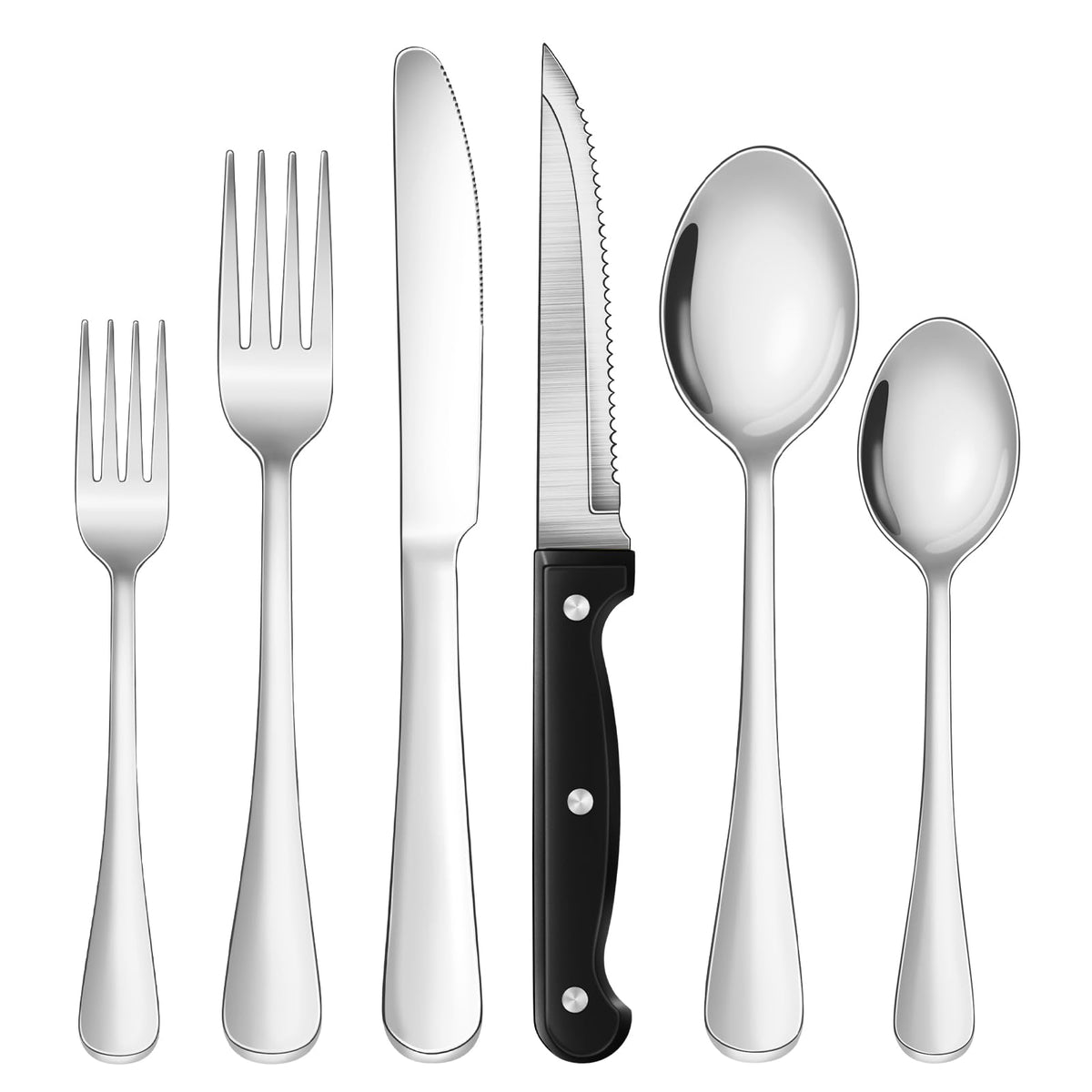 24-Piece Silver Silverware Set with Steak Knives Stainless Steel Flatware Set for 4 Food Grade Tableware Cutlery Set Rust-proof, Mirror Polished, Dishwasher Safe