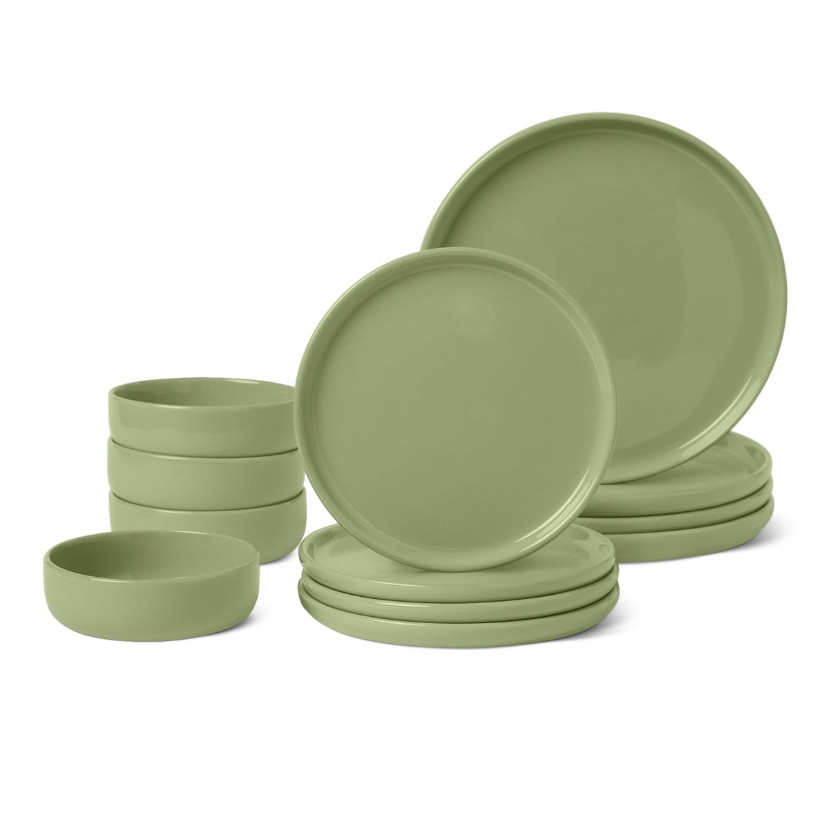 Amazon Basics Glazed Stoneware Dinnerware, 12-Piece Set, 4 Full Place Settings, Microwave and Dishwasher-Safe, Olive