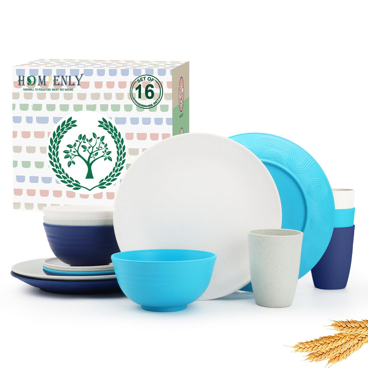 Homienly Kitchen Wheat Straw Dinnerware Set 40 PCS - Dinner Plates, Cereal Bowls, Wheat Straw Cups Set, Microwave and Dishwasher Safe Dishes Set, Unbreakable Dish Set for Party, Outdoor(Grey Stone)