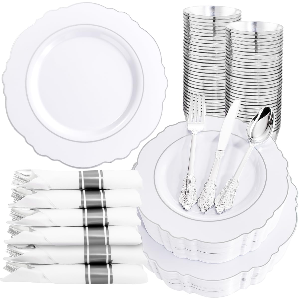 Liacere 350PCS Gold Plastic Plates-Disposable White and Gold Plates Baroque Plastic Dinnerware include 100Plates, 50Pack Pre Rolled Napkins with Silverware 50Cups for Wedding&Thanksgiving&Fall Party