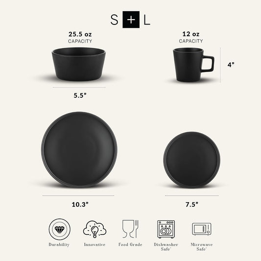 Stone Lain Celina Stoneware 16 Piece Dinnerware Set, Plates and Bowls, Black Matte Dish, Service for 4 – Minimalist Round Style, Microwave & Dishwasher Safe