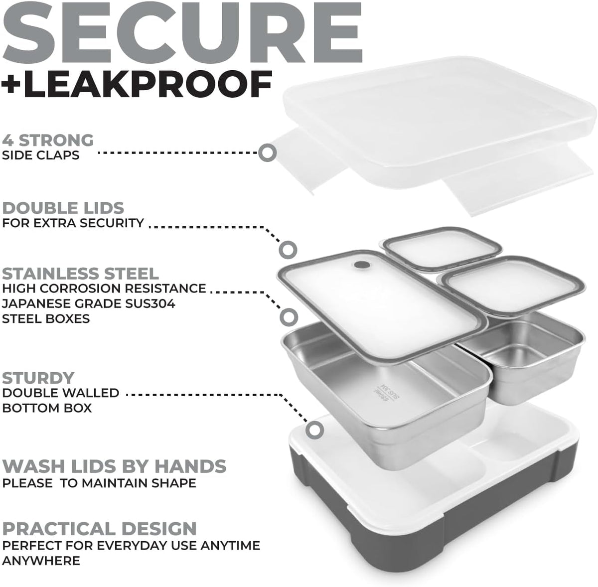 Stainless Steel Big Bento Lunch Box Set For Adults, Kids - Insulated Bag and Ice Pack - Large Leak-Proof Metal Compartment Meal Prep Food & Snack Containers for Work Travel School, 42 oz Grey Black