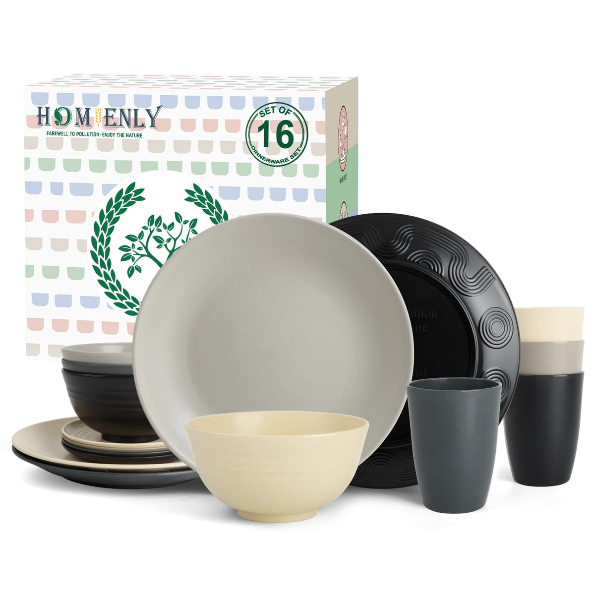 Homienly Kitchen Wheat Straw Dinnerware Set 40 PCS - Dinner Plates, Cereal Bowls, Wheat Straw Cups Set, Microwave and Dishwasher Safe Dishes Set, Unbreakable Dish Set for Party, Outdoor(Grey Stone)
