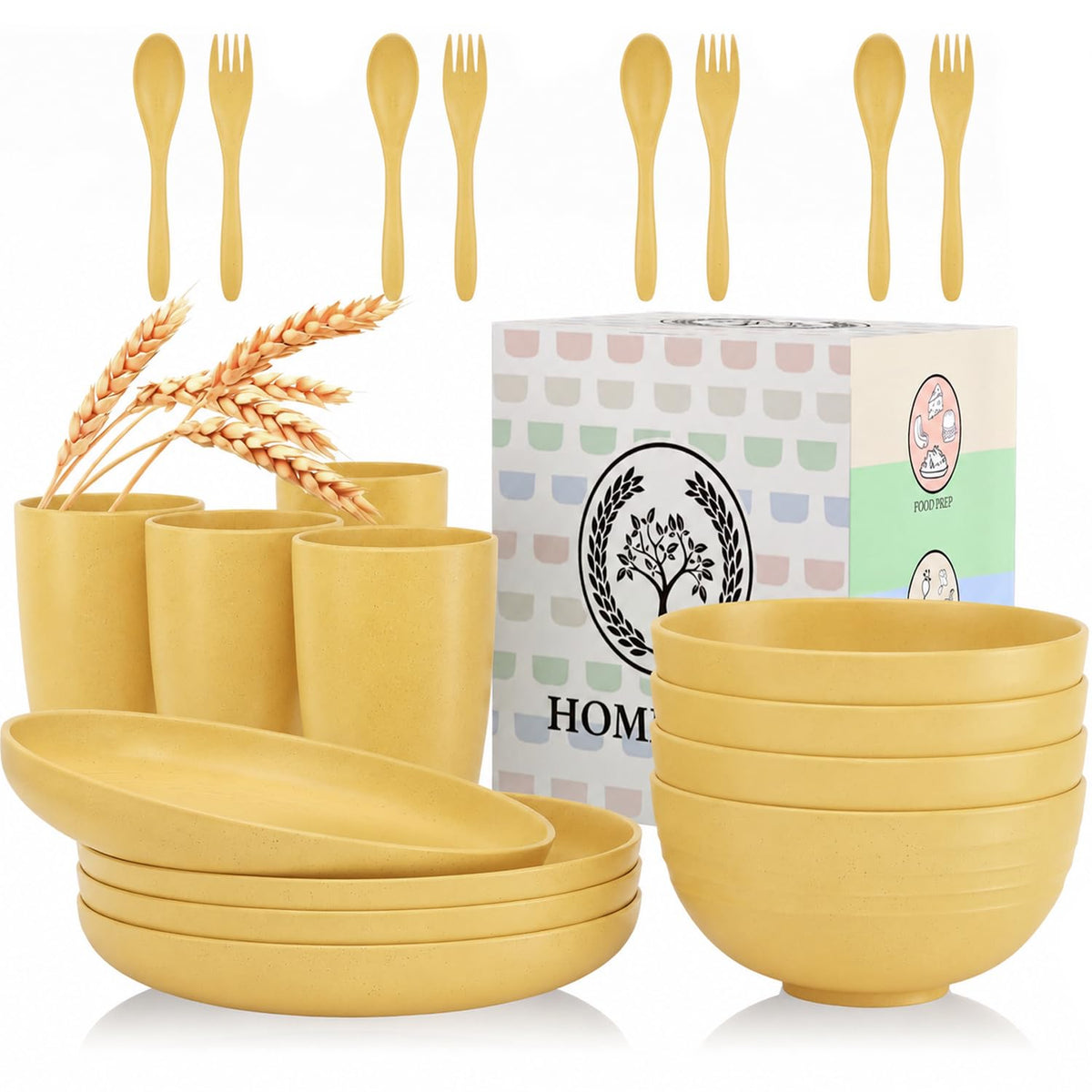 Homienly Wheat Straw Dinnerware Sets 20 PCS Plates and Bowls Sets Microwave and Dishwasher Safe Dish Set Unbreakable Camping Dish Set Cups and Plates Sets for Kitchen, Picnic, RV (Multilight)