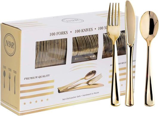 N9R 300PCS Gold Plastic Silverware, Disposable Plastic Cutlery/Utensils