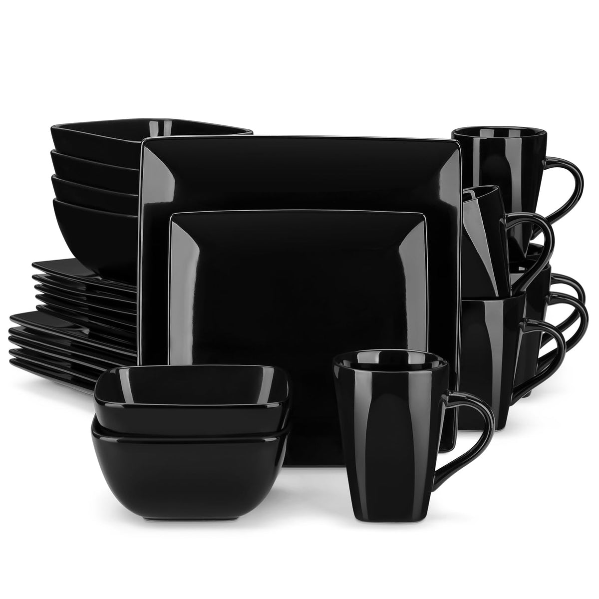 vancasso Soho Dinnerware Sets 12 Pieces, Black Stoneware Square Place Setting, Plates and Bowls Sets, Dinner Plate, Dishes Set for 4
