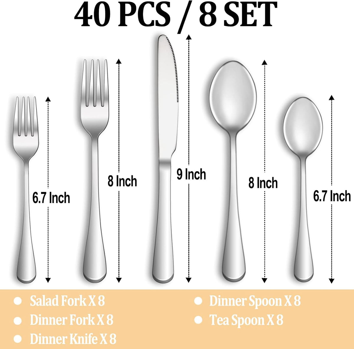 40 Pcs Silverware Set Service for 8, Food Grade Stainless Steel Flatware Set, Mirror Polished Cutlery Utensil Sets, Kitchen Eating Tableware Sets, Include Dinner Knives Fork Spoon, Dishwasher Safe