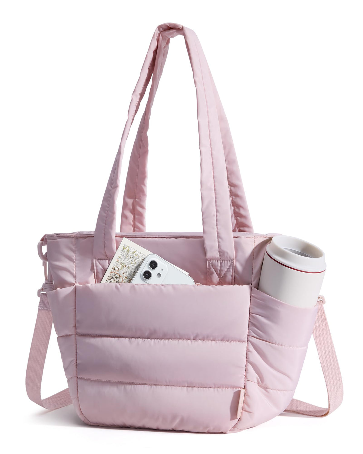 BAGSMART Lunch Bag Women Small Insulated Tote with Lunch Compartment Quilted Lightweight Puffy Tote Bag for Work, Travel, Outdoor, Pink