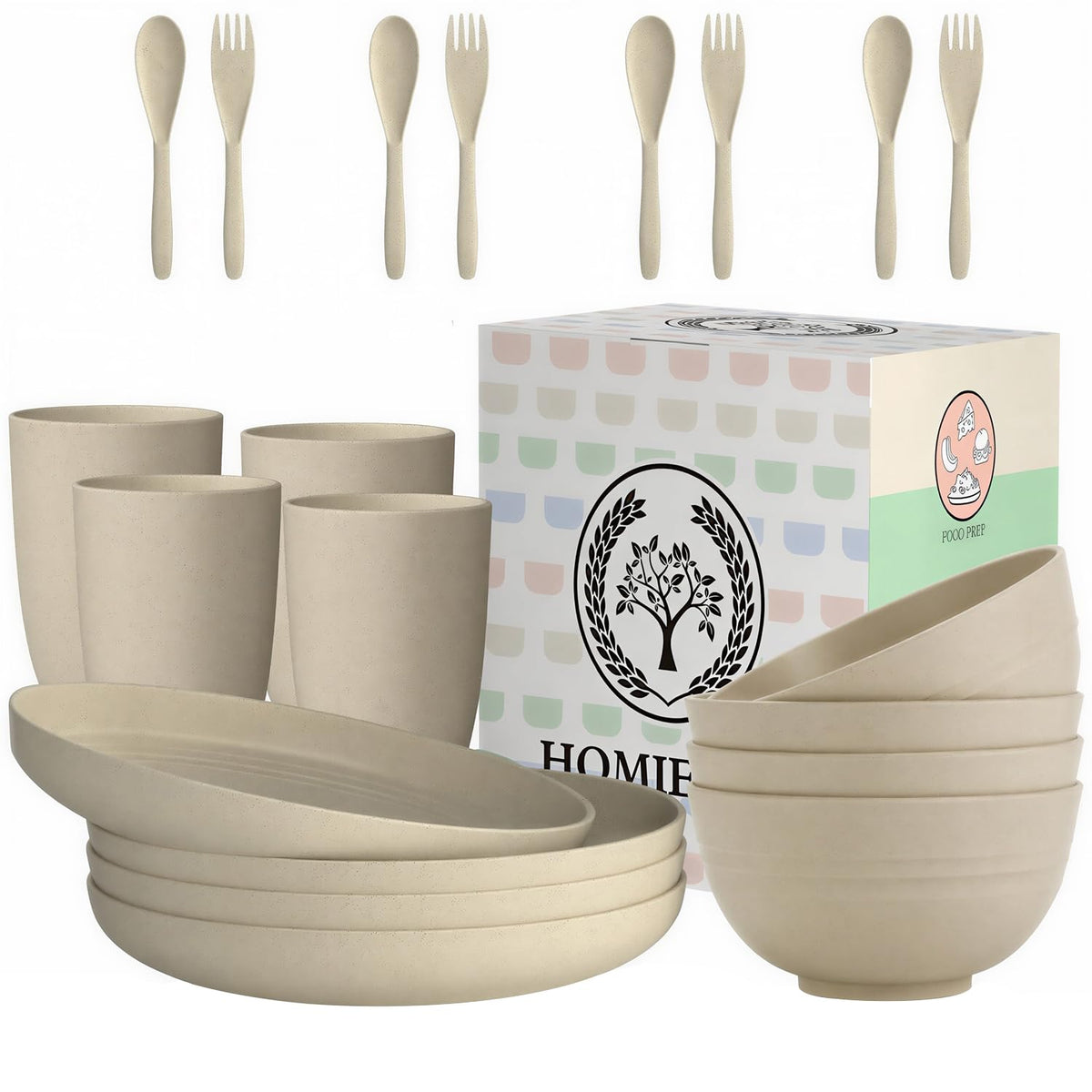 Homienly Wheat Straw Dinnerware Sets 20 PCS Plates and Bowls Sets Microwave and Dishwasher Safe Dish Set Unbreakable Camping Dish Set Cups and Plates Sets for Kitchen, Picnic, RV (Multilight)