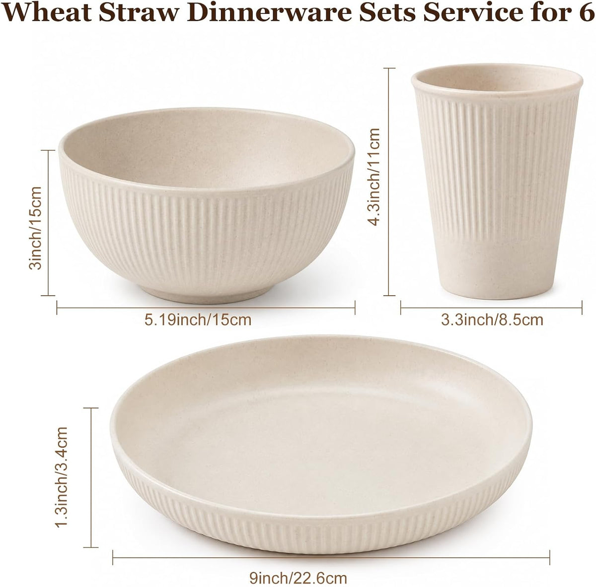 18PCS Wheat Straw Dinnerware Sets Unbreakable Reusable Dinnerware Set for 6, Microwave Dishwasher Safe Dinnerware for Outdoor Camping Dishes