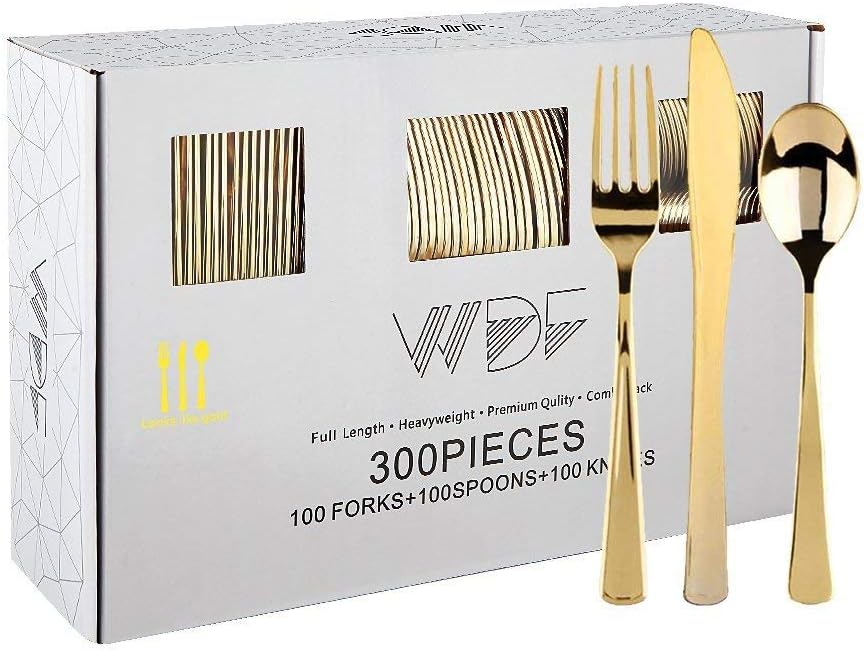 WDF300 Pieces Gold Plastic Silverware - Heavy Duty Disposable Cutlery Set Plastic Gold Silverware Set Includes 100 Forks, 100 Spoons, 100 Knives for Party/Baby Shower/Wedding/Birthday/Thanksgiving
