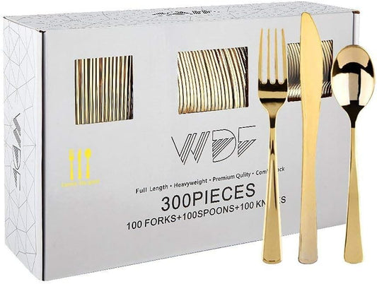 WDF300 Pieces Gold Plastic Silverware - Heavy Duty Disposable Cutlery Set Plastic Gold Silverware Set Includes 100 Forks, 100 Spoons, 100 Knives for Party/Baby Shower/Wedding/Birthday/Thanksgiving