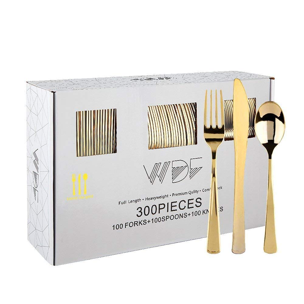 WDF300 Pieces Gold Plastic Silverware - Heavy Duty Disposable Cutlery Set Plastic Gold Silverware Set Includes 100 Forks, 100 Spoons, 100 Knives for Party/Baby Shower/Wedding/Birthday/Thanksgiving