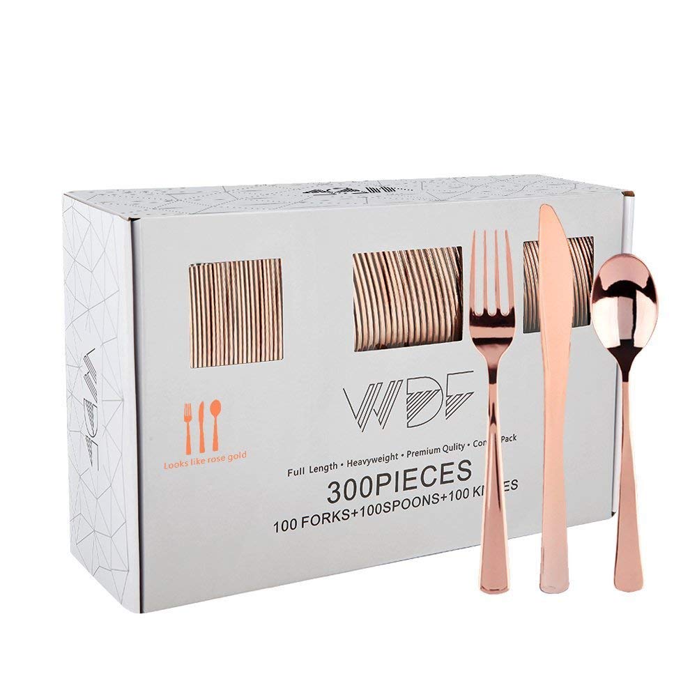 WDF300 Pieces Gold Plastic Silverware - Heavy Duty Disposable Cutlery Set Plastic Gold Silverware Set Includes 100 Forks, 100 Spoons, 100 Knives for Party/Baby Shower/Wedding/Birthday/Thanksgiving