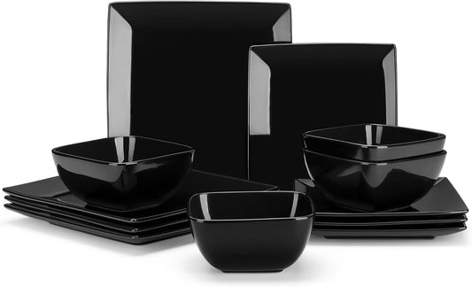 vancasso Soho Dinnerware Sets 12 Pieces, Black Stoneware Square Place Setting, Plates and Bowls Sets, Dinner Plate, Dishes Set for 4