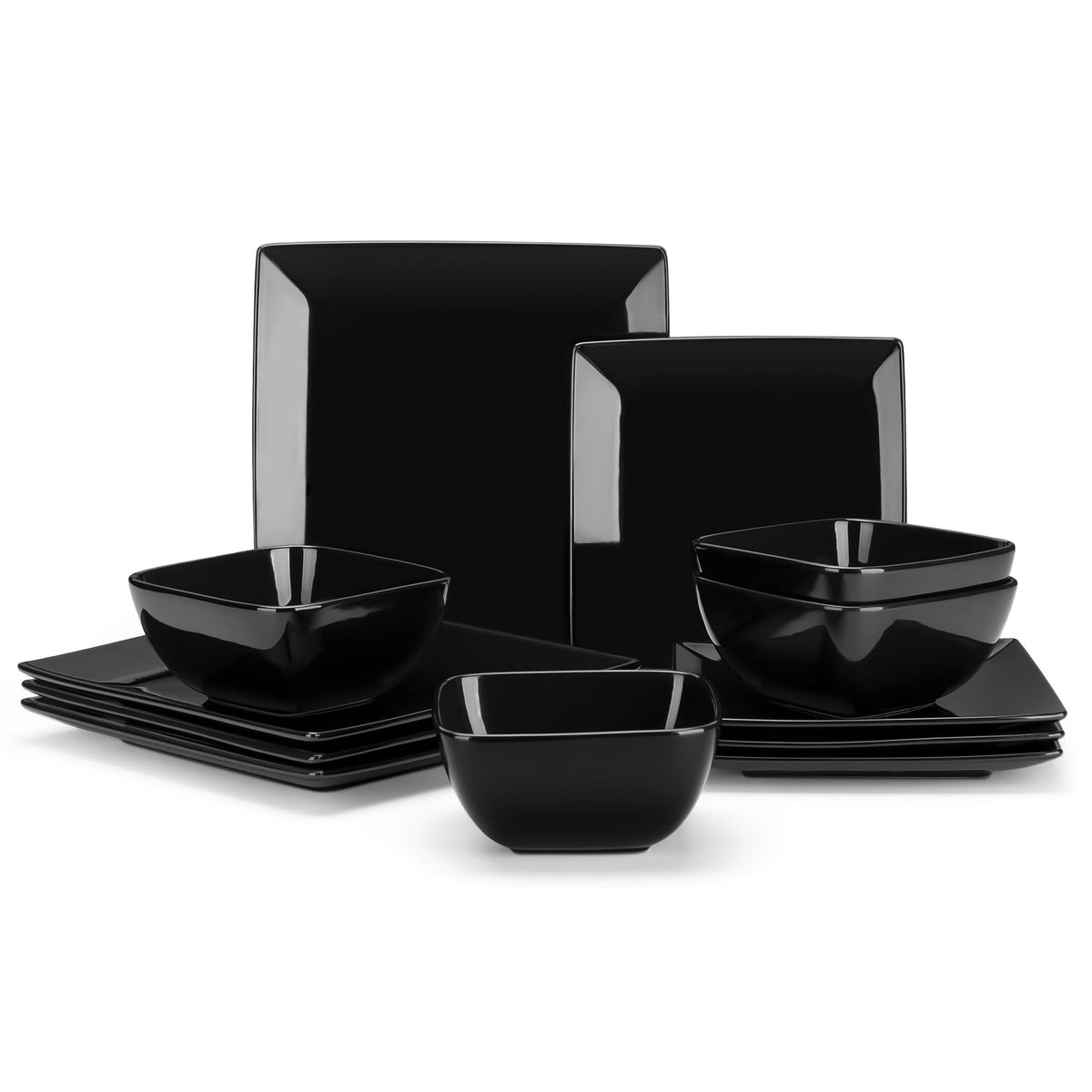 vancasso Soho Dinnerware Sets 12 Pieces, Black Stoneware Square Place Setting, Plates and Bowls Sets, Dinner Plate, Dishes Set for 4