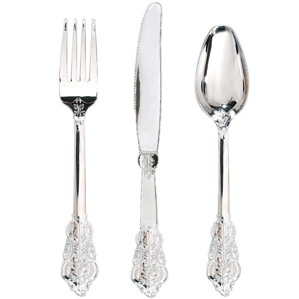 WDF300 Pieces Gold Plastic Silverware - Heavy Duty Disposable Cutlery Set Plastic Gold Silverware Set Includes 100 Forks, 100 Spoons, 100 Knives for Party/Baby Shower/Wedding/Birthday/Thanksgiving
